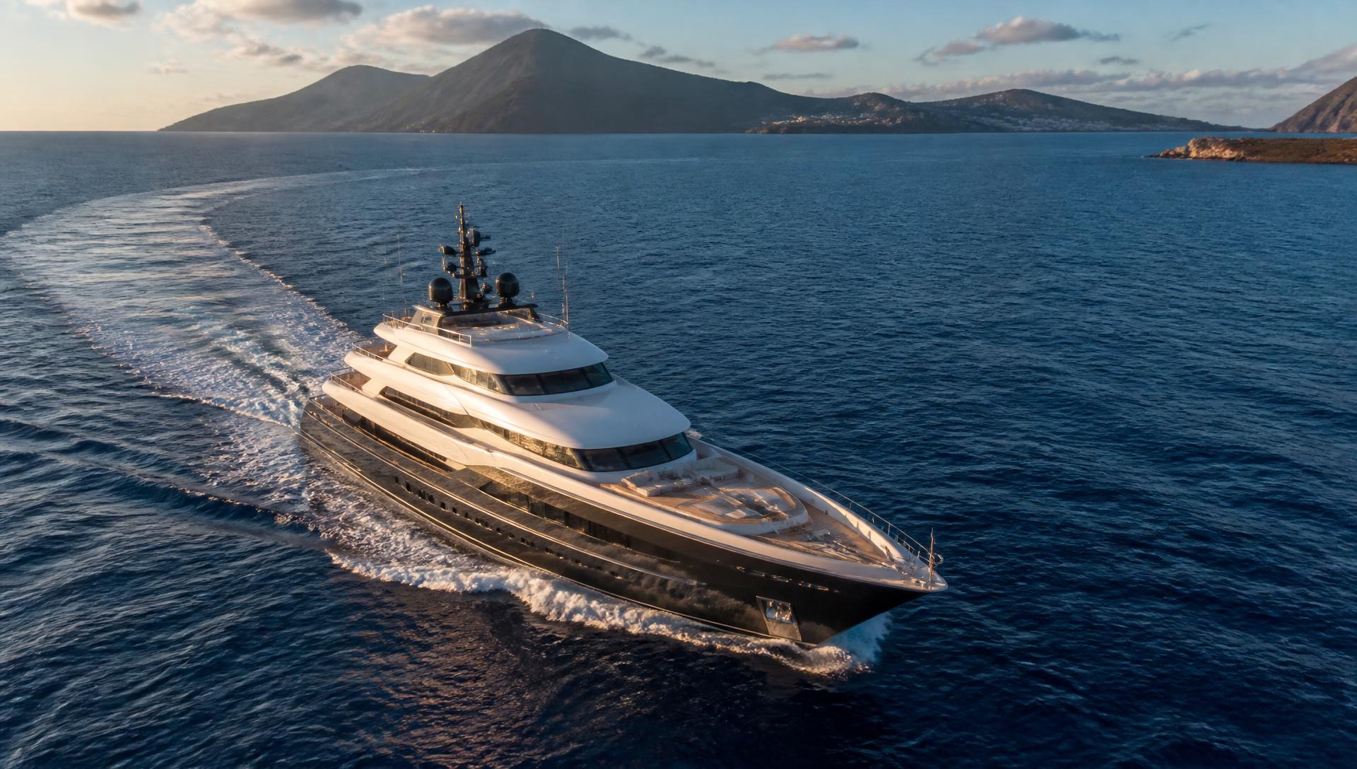 Luxury yacht cruising near volcanic islands, cinematic aerial view